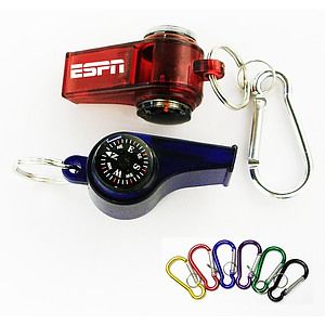 Whistle with compass thermometer and keychain.