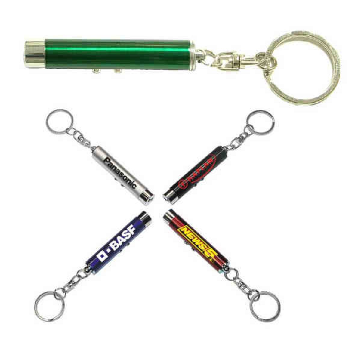 Dual function laser pointer and super bright LED flashlight with keychain.