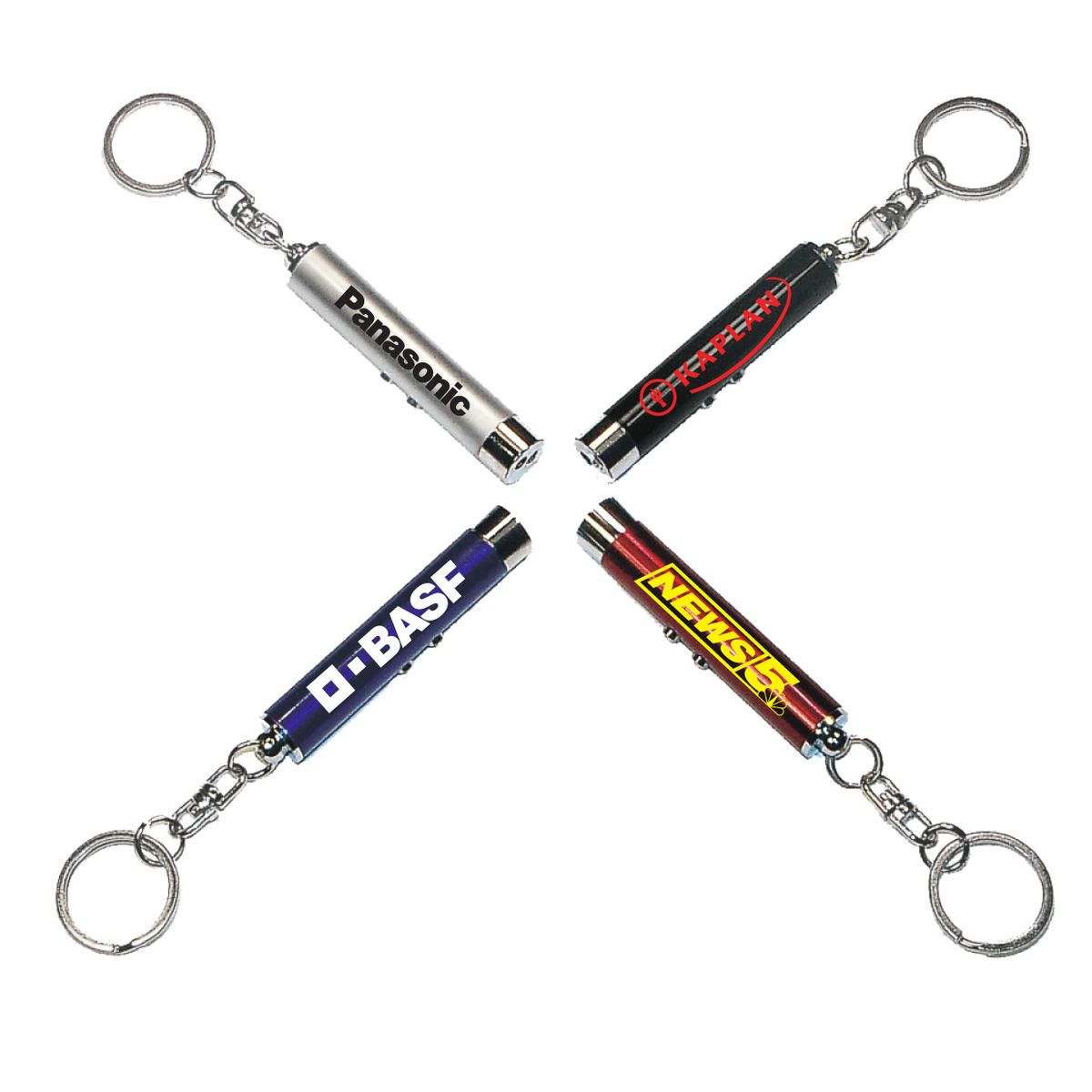 Dual function laser pointer and super bright LED flashlight with keychain.