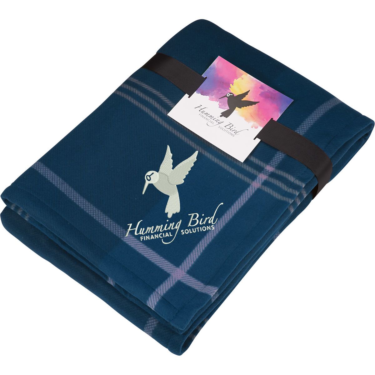 Promotional Plaid fleece sherpa blanket with full color card