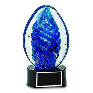 6 Blue Oval Swirl Art Glass Award
