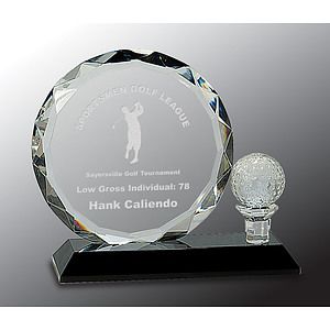 6 12 Round Facet Crystal with Golf Ball on Black Pedestal Base