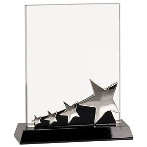 7 Rectangle Crystal Award with Silver Stars on Black Pedestal Base