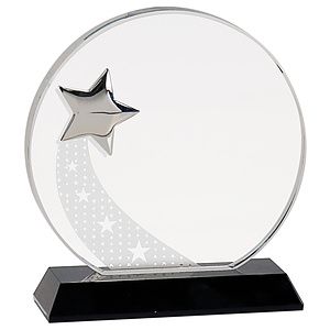 6 14 Round Crystal with Silver Star on Black Pedestal Base