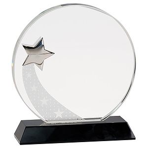 7 14 Round Crystal with Silver Star on Black Pedestal Base