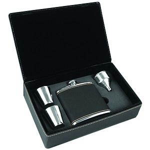 6 Oz. BlackGold Laser Engraved Leatherette Flask Gift Set