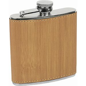6 Oz. Bamboo Laser Engraved Leatherette Stainless Steel Flask