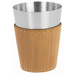 2 Oz. Bamboo Laser Engraved Leatherette  Stainless Steel Shot Glass