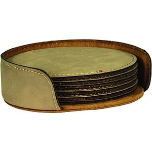 4 Round Light Brown Leatherette Coaster Set