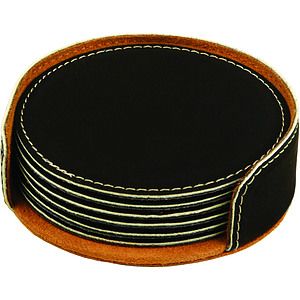 4 Round BlackSilver Leatherette Coaster Set