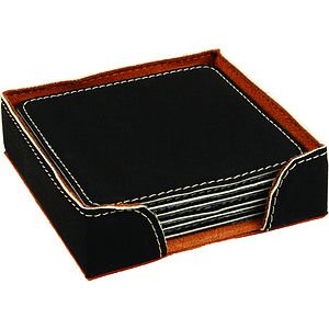 4 Square BlackSilver Leatherette Coaster Set
