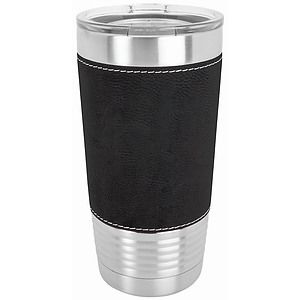 20 Oz. BlackSilver Laser Engraved Leatherette Polar Camel Tumbler with Clear Lid