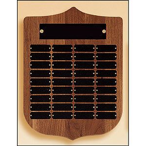 Walnut Shield Perpetual Plaque wBrushed Brass Plates (12 x 16)