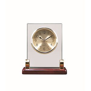 6 12 Rectangle Glass Desk Clock with Metal Posts  Rosewood Piano Finish
