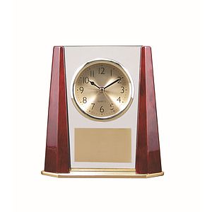 7 Glass Desk Clock with Rosewood Finish Bevel Columns