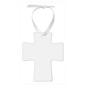 3 x 3.5 Gloss White Unisub Aluminum Cross Ornament, 2-Side wWhite Ribbon