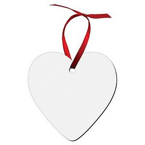 3.25 x 3.25 Gloss White Unisub Hardboard Heart Ornament, 2-Sided wRed Ribbon
