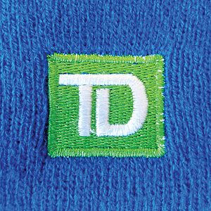 Knit Beanie with Pom and Ribbed Cuff (Woven Logo)