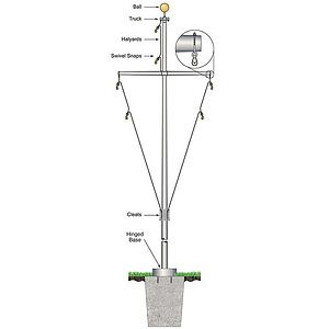 50' Nautical Flagpole w/Yardarm Hinged Base White Fiberglass
