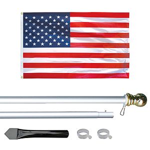 10' Silver Inground Economy Aluminum Display Pole w/ 3' x 5' Embroidered US Flag