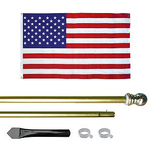 8' Gold Inground Economy Aluminum Display Pole w/ 3' x 5' Printed US Flag