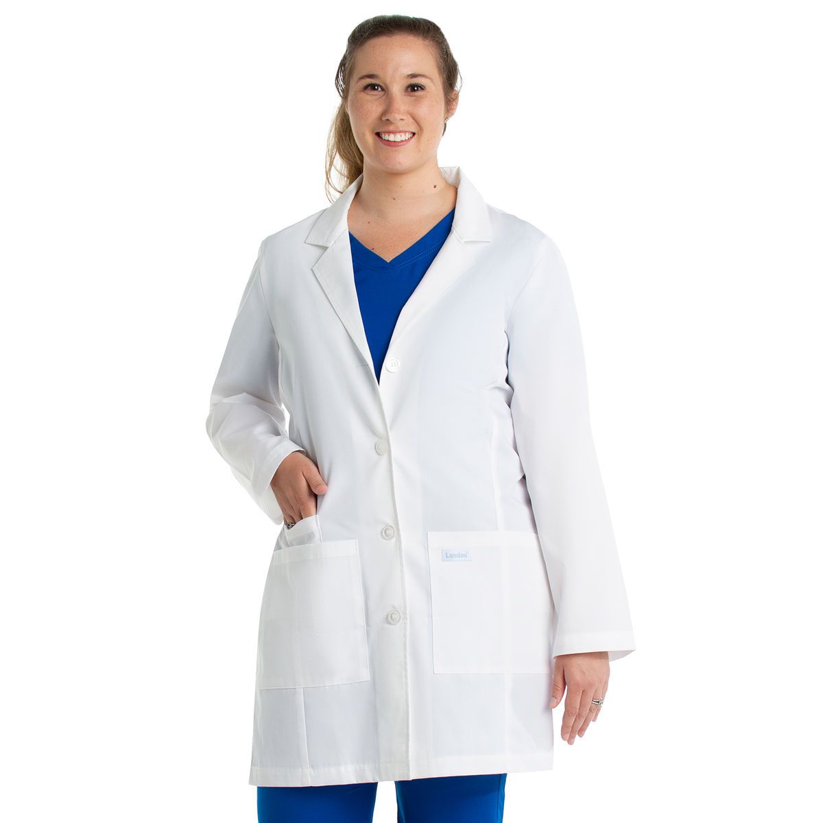 Landau tailored fit 3pocket 3button midlength lab coat for women