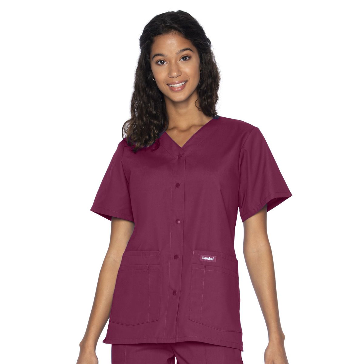Landau - Essentials - Women's 4-Pocket Snap-Front V-Neck Top