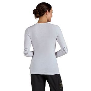 koi - Smiley World - Women's Speckled Rib Smiley Face Elbow Tender Underscrub Tee