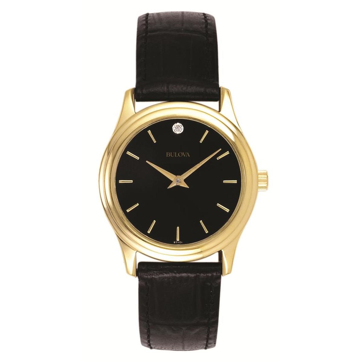Corporate Collection Ladies' Black Leather Strap Watch with Black Diamond Dial