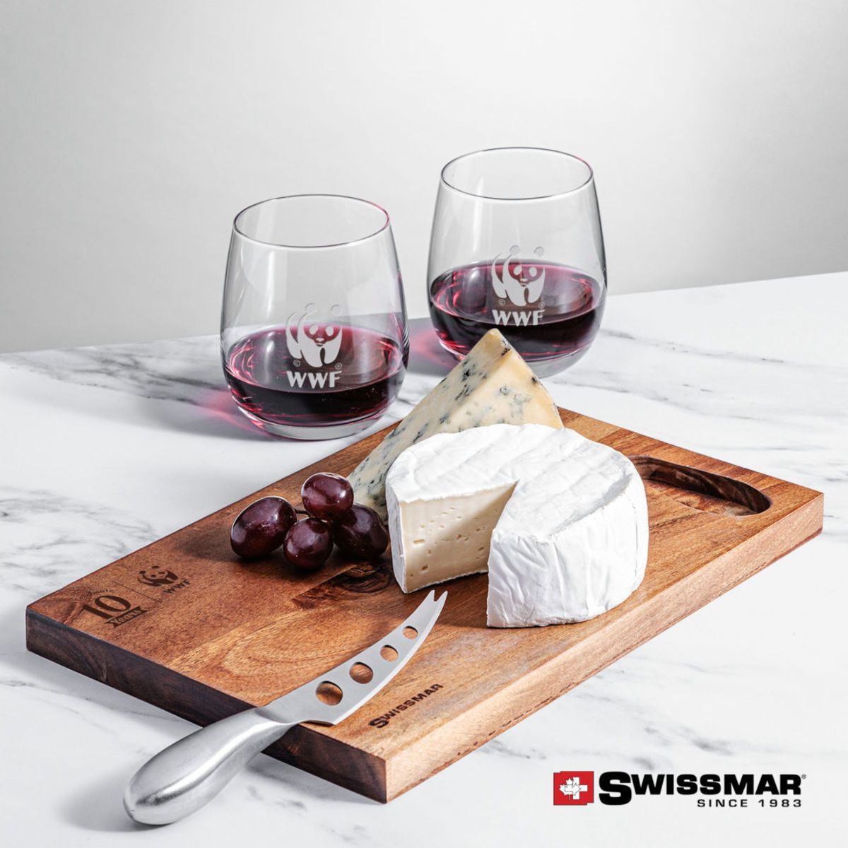 Swissmar® Acacia Board & 2 Crestview Stemless Wine