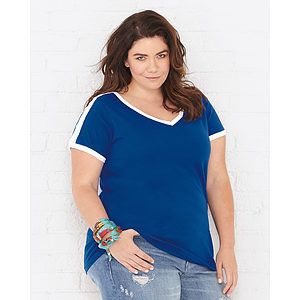 Women's Curvy Retro Ringer Premium Jersey V-Neck Tee - 3832