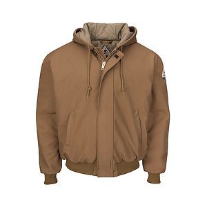 Men's Insulated Brown Duck Hooded Jacket with Knit Trim - JLH6