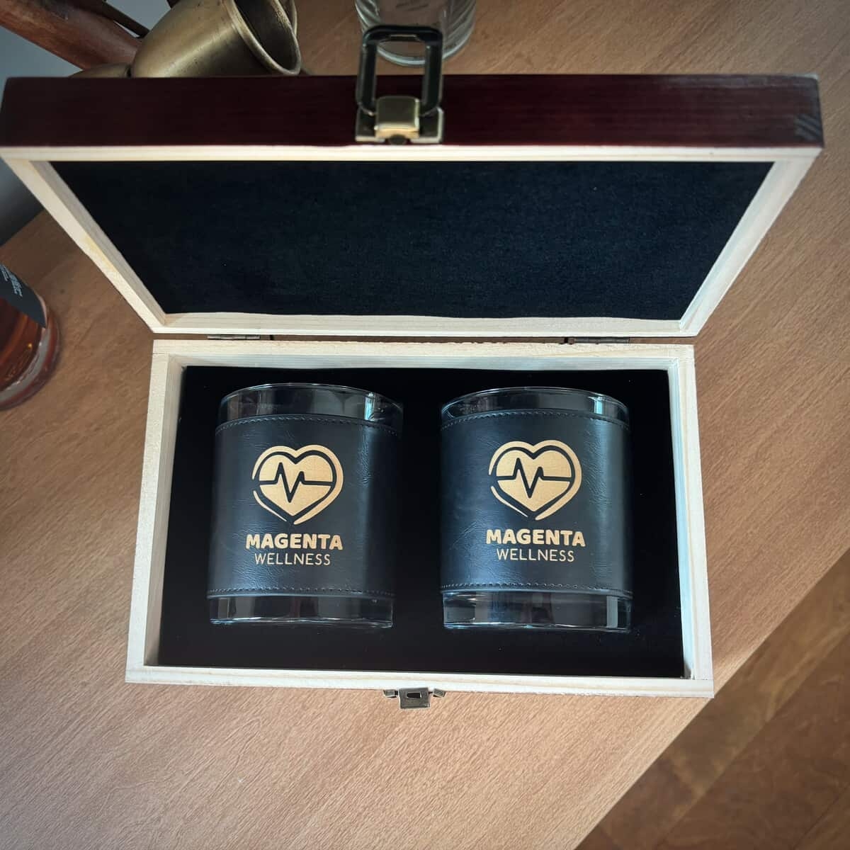 Del Mar DOF Glass - 2 Glasses - Black Leather Wrap - Branded Wood Box - Side + Bottom Imprint