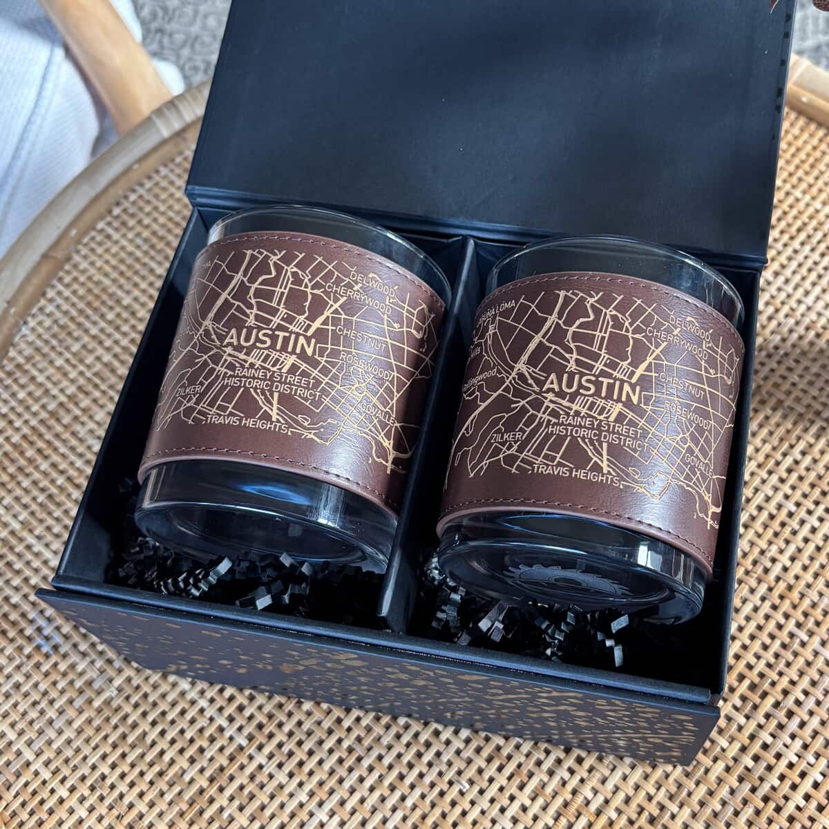 Del Mar DOF Glass - 2 Glasses - Brown Leather Wrap - Branded Black Box - Full Wrap + Bottom Imprint