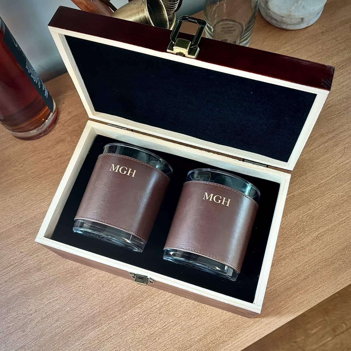 Del Mar DOF Glass - 2 Glasses - Brown Leather Wrap - Branded Wood Box - Single Side Imprint