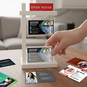 Mini Real Estate Sign & Business Card Holder (White) - Automatically customized with your business card inserted into the hanging sign