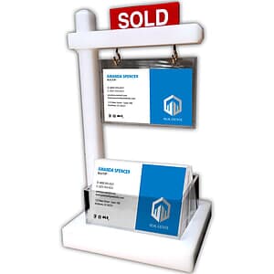 Mini Real Estate Sign & Business Card Holder (White) - Automatically customized with your business card inserted into the hanging sign