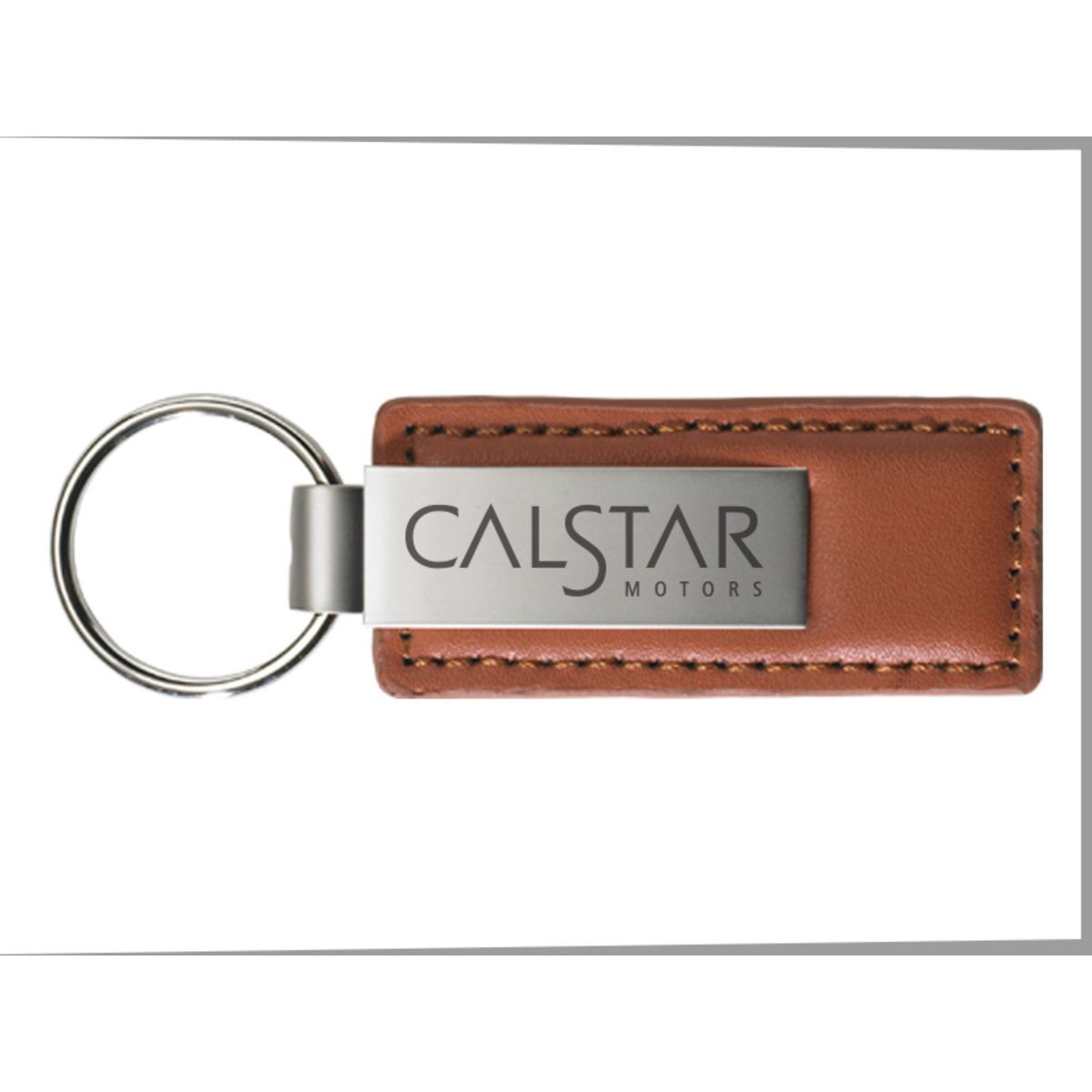 Brushed Zinc Brown Leather Keychain - Big Logo