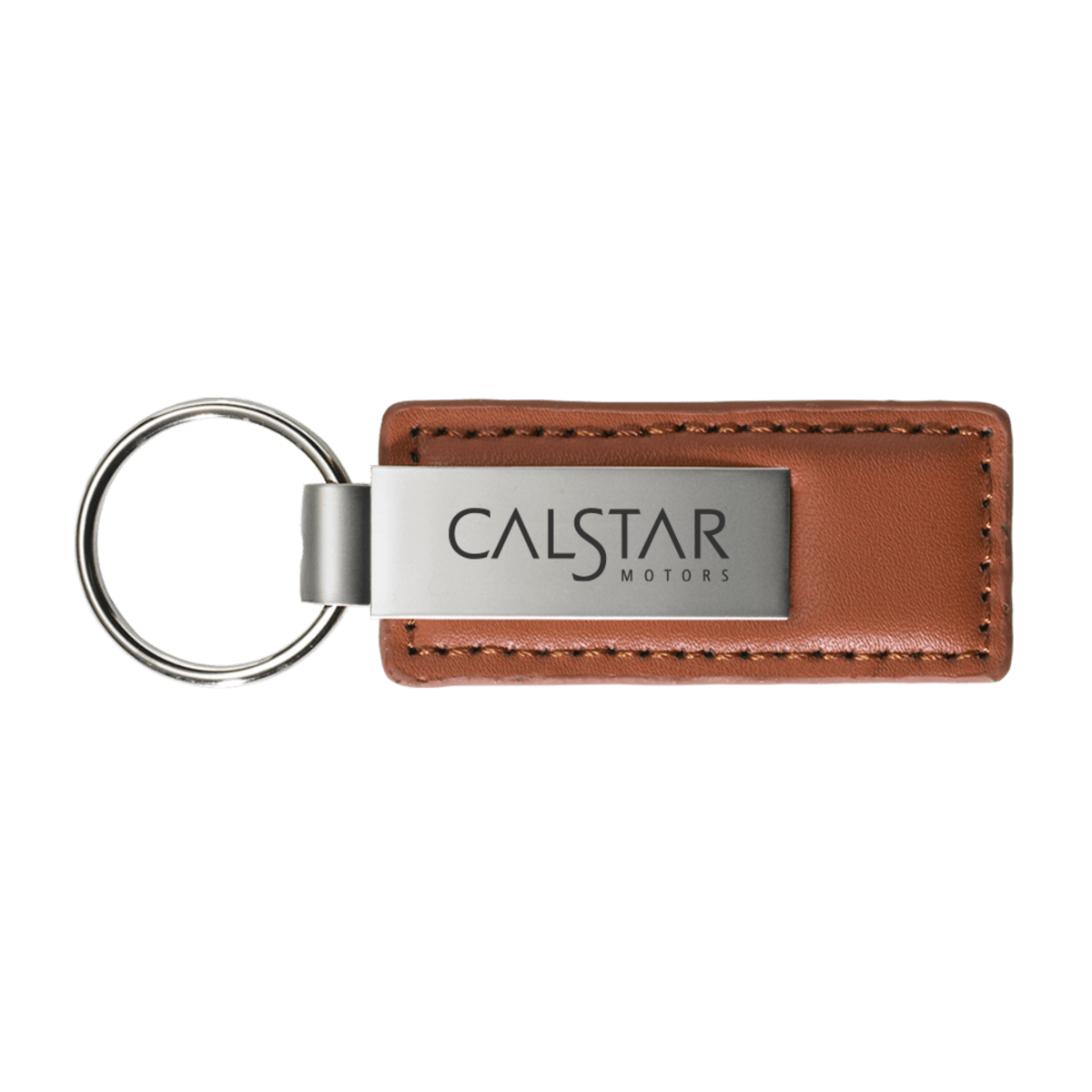 Brushed Zinc Brown Leather Keychain - Big Logo
